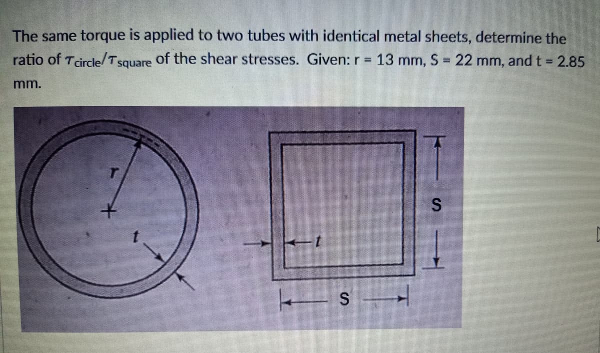 The same torque is applied to two tubes with identical metal sheets, determine the
ratio of Tdrcle/Tsquare of the shear stresses. Given: r= 13 mm, S = 22 mm, and t = 2.85
mm.
