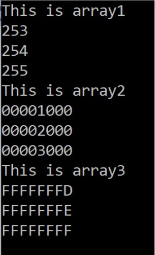 This is array1
253
254
255
This is array2
00001000
00002000
00003000
This is array3
FFFFFFFD
FFFFFFFE
FFFFFFFF

