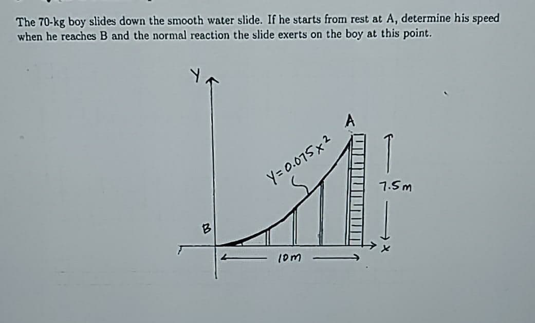 The 70-kg boy slides down the smooth water slide. If he starts from rest at A, determine his speed
when he reaches B and the normal reaction the slide exerts on the boy at this point.
Y= 0.075x2
7.5m
B
10m
