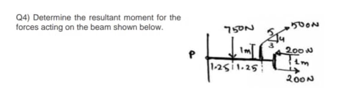 Q4) Determine the resultant moment for the
forces acting on the beam shown below.
750N
ImT
1-2si1.25
200N
200N
