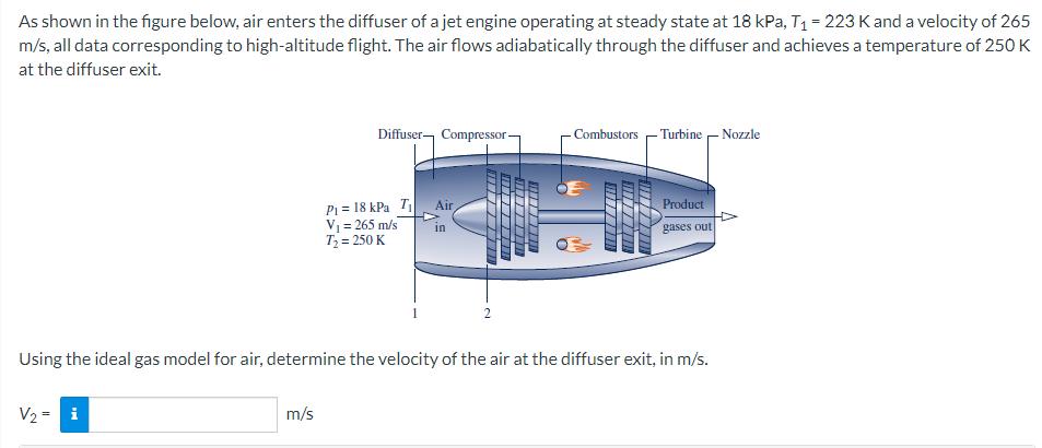 As shown in the figure below, air enters the diffuser of a jet engine operating at steady state at 18 kPa, T1 = 223 K and a velocity of 265
m/s, all data corresponding to high-altitude flight. The air flows adiabatically through the diffuser and achieves a temperature of 250 K
at the diffuser exit.
Diffuser, Compressor-
Combustors
Turbine
Nozzle
Pi = 18 kPa T
V1 = 265 m/s
T= 250 K
Air
Product
in
gases out
Using the ideal gas model for air, determine the velocity of the air at the diffuser exit, in m/s.
V2 = i
m/s
