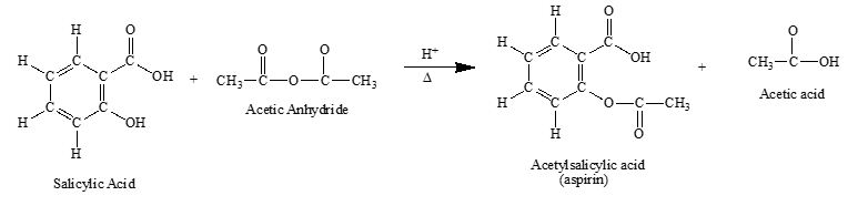 H
H
H
CH;-C-OH
HO.
CH;-"
- CH;
+
Acetic acid
Acetic Anhydride
H
-CH;
H
HO,
H.
Acetyl salicylic acid
(aspirin)
Salicylic Acid
