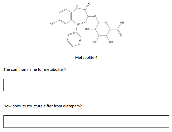 CI
The common name for metabolite 4
How does its structure differ from diazepam?
HO-
HO
Metabolite 4
OH
OH