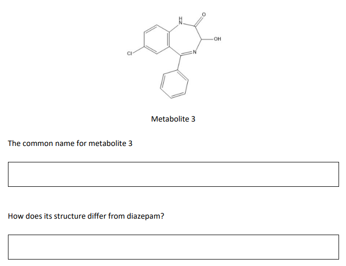 CI
Metabolite 3
The common name for metabolite 3
How does its structure differ from diazepam?
OH