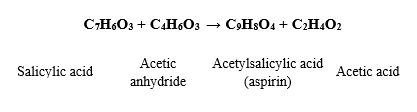 C;H6O3 + CH603
CHSO4 + C2H4O2
Acetic
Acetylsalicylic acid
(aspirin)
Salicylic acid
Acetic acid
anhydride
