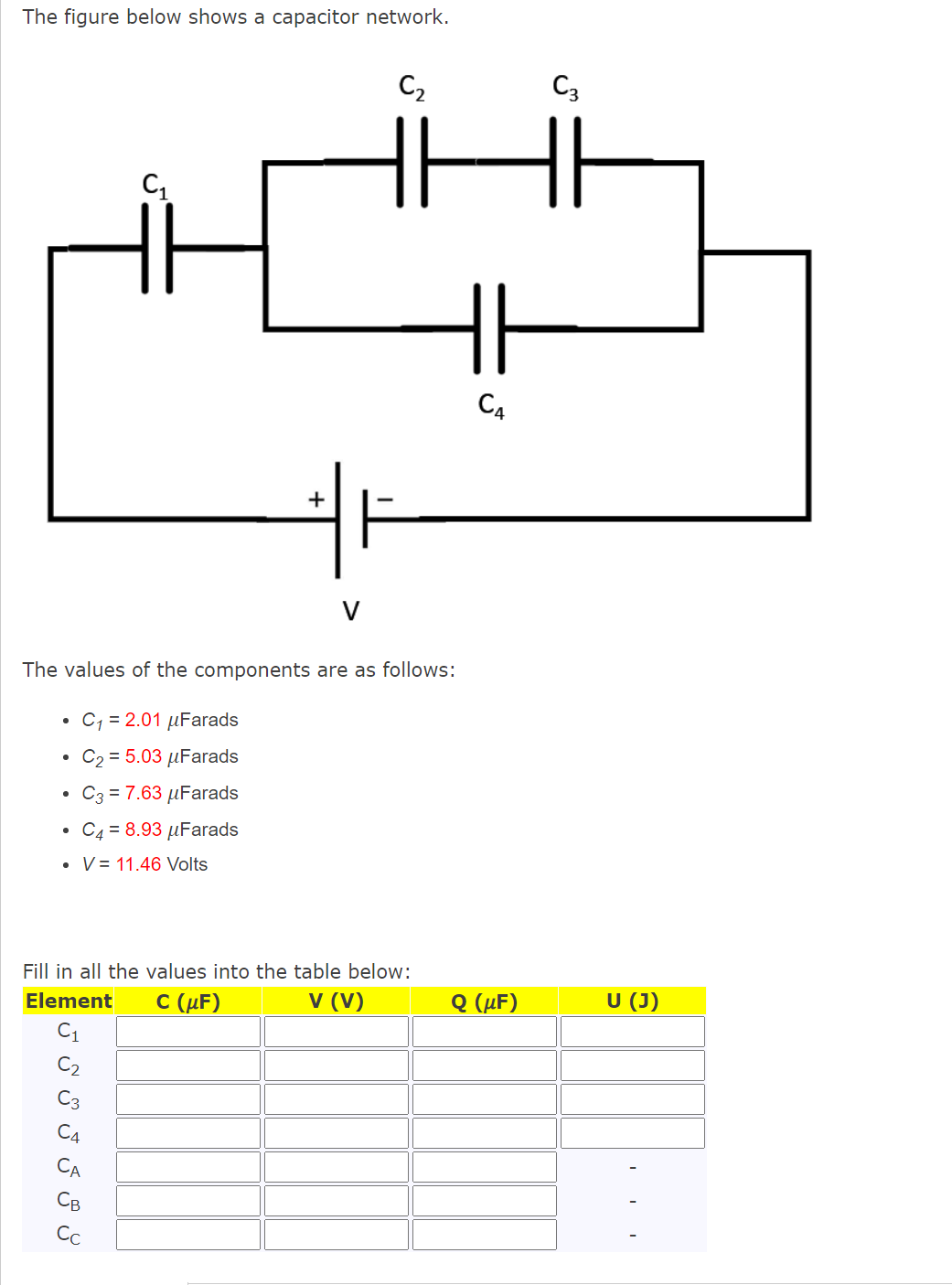 The figure below shows a capacitor network.
C2
C3
C4
+
V
The values of the components are as follows:
C, = 2.01 µFarads
C2 = 5.03 µFarads
• C3 = 7.63 µFarads
. С43 8.93 uFarads
• V= 11.46 Volts
Fill in all the values into the table below:
V (V)
Q (µF)
U (J)
Element
C (µF)
C1
C2
C3
C4
CA
Св
Cc
