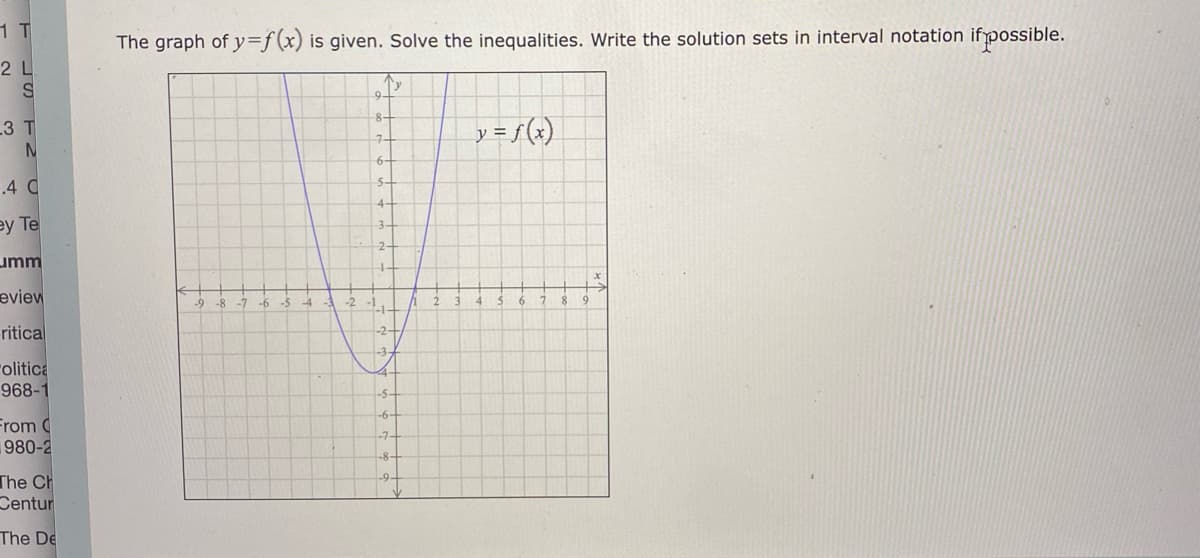 1 T
The graph of y=f(x) is given. Solve the inequalities. Write the solution sets in interval notation ifpossible.
2 L
8-
3 T
y = f(x)
7-
5-
.4 C
4-
ey Te
3.
2-
umm
eview
-8
-7
-6
-5
-4
-2
1-
4
6.
ritical
"olitica
968-1
-5-
-6-
From C
980-2
-7-
-8-
The Ch
Centur
The De
