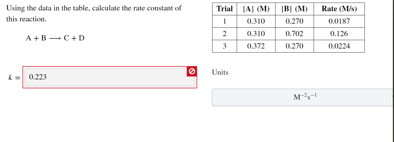 Using the data in the table, calculate the rate constant of
this reaction.
Rate (M/s)
[B] (M)
0.270
Trial
[A] (M)
0.310
0.0187
0.310
0.702
0.126
A + B → C + D
3
0.372
0.270
0.0224
Units
k =
0.223
M-2s-1
