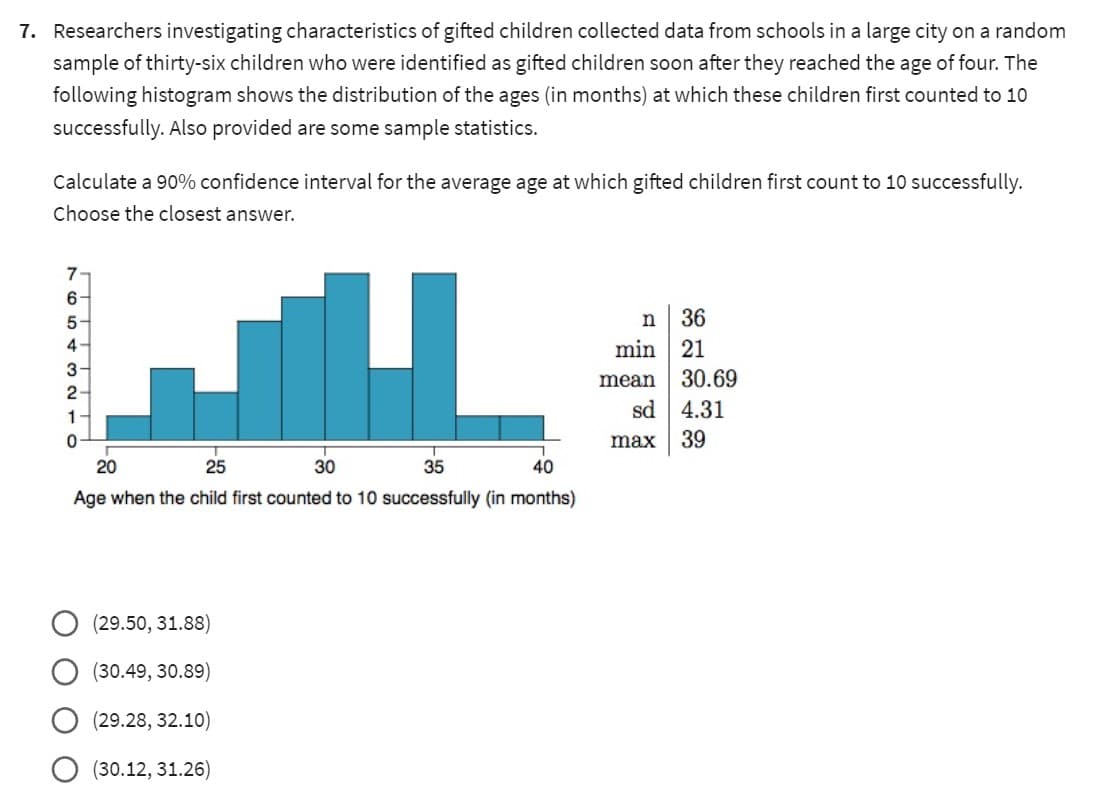7. Researchers investigating characteristics of gifted children collected data from schools in a large city on a random
sample of thirty-six children who were identified as gifted children soon after they reached the age of four. The
following histogram shows the distribution of the ages (in months) at which these children first counted to 10
successfully. Also provided are some sample statistics.
Calculate a 90% confidence interval for the average age at which gifted children first count to 10 successfully.
Choose the closest answer.
7
65432
0
IL
20
25
30
35
40
Age when the child first counted to 10 successfully (in months)
(29.50, 31.88)
(30.49, 30.89)
(29.28, 32.10)
(30.12, 31.26)
n
min
mean
sd
max
36
21
30.69
4.31
39