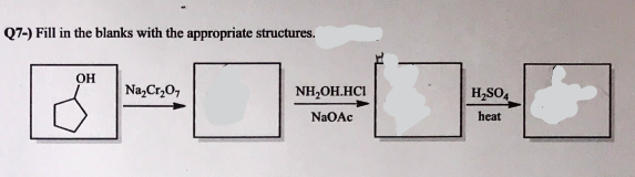 Q7-) Fill in the blanks with the appropriate structures.
OH
Na,Cr,0,
NH,OH.HCI
H,SO,
NaOAc
heat
