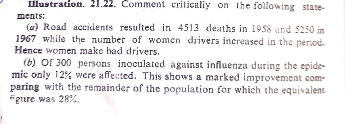 Illustration. 21.22. Comment criticaly on the following state-
ments:
(a) Road accidents resulted in 4513 deaths in 1958 and 5250 in
1967 while the number of women drivers increased in the period.
Hence women make bad drivers.
(b) Of 300 persons inoculated against influenza during the epide-
mic only 12% were affected. This shows a marked improvement com-
paring with the remainder of the population for which the equivalent
igure was 28%.
