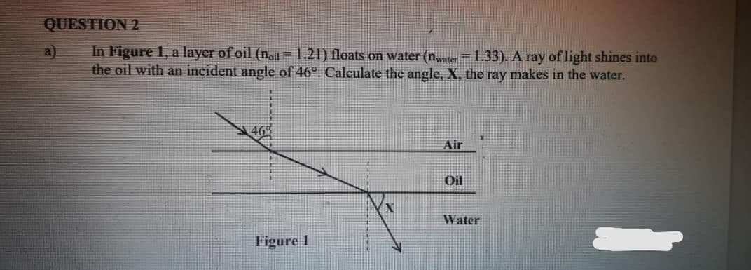 QUESTION 2
a)
In Figure 1, a layer of oil (nail =1.21) floats on water (ng= 1.33). A ray of light shines into
the oil with an incident angle of 46°. Calculate the angle, X, the ray makes in the water.
46%
Air
Oil
Water
Figure 1
