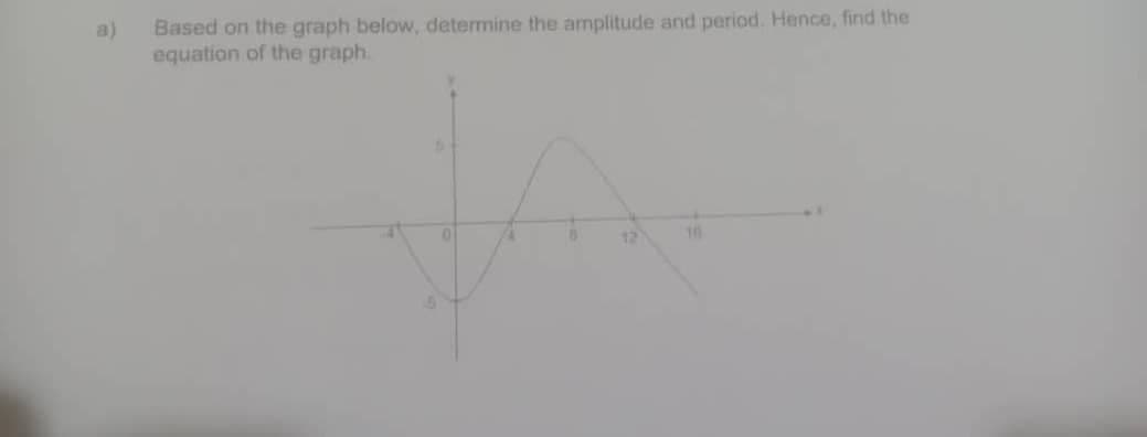 a)
Based on the graph below, determine the amplitude and period. Hence, find the
equation of the graph.
12
