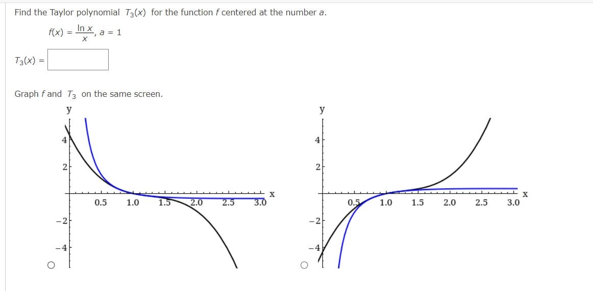 Find the Taylor polynomial T3(x) for the function f centered at the number a.
In x
, a = 1
f(x) =
T3(x) =
Graph f and T3 on the same screen.
y
y
4
4
2
X
0.5
1.0
1.5
2.0
2.5
3.0
0.5
1.0
1.5
2.0
2.5
3.0
-2
