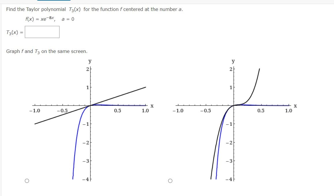 Find the Taylor polynomial T3(x) for the function f centered at the number a.
f(x) = xe-8x,
a = 0
T3(x) =
Graph f and T3 on the same screen.
y
y
2
2
1
X
1.0
-1.0
-0.5
0.5
1.0
-1.0
-0.5
0.5
-1
-2
-3
