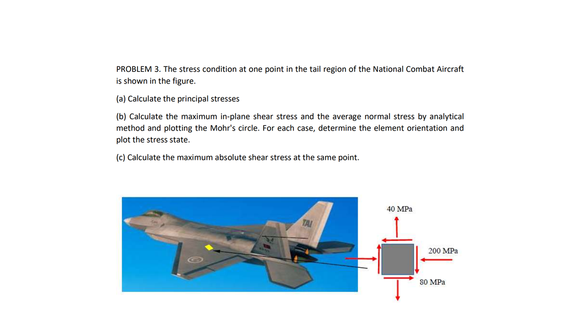 PROBLEM 3. The stress condition at one point in the tail region of the National Combat Aircraft
is shown in the figure.
(a) Calculate the principal stresses
(b) Calculate the maximum in-plane shear stress and the average normal stress by analytical
method and plotting the Mohr's circle. For each case, determine the element orientation and
plot the stress state.
(c) Calculate the maximum absolute shear stress at the same point.
40 MPa
TAI
200 MPa
80 MPa
