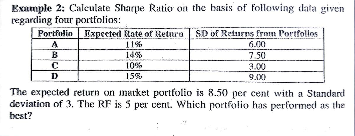 Example 2: Calculate Sharpë Ratio on the basis of following data given
regarding four portfolios:
Portfolio Expected Rate of Return
SD of Returns from Portfolios
A
11%
6.00
14%
7.50
10%
3.00
9.00
15%
The expected return on market portfolio is 8.50 per cent with a Standard
deviation of 3. The RF is 5 per cent. Which portfolio has performed as the
best?
