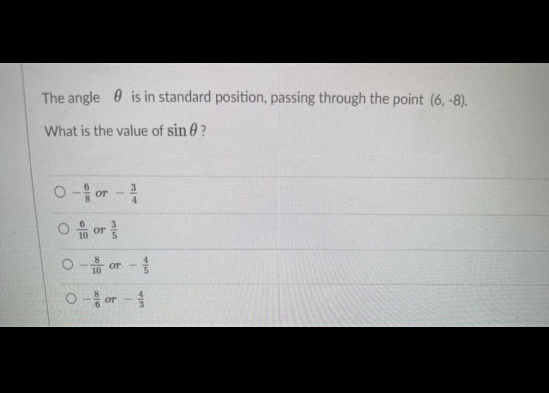 The angle 0 is in standard position, passing through the point (6, -8).
What is the value of sin 0?
0-음or-
4.
O or
or -
10
0-8or-솔
45
