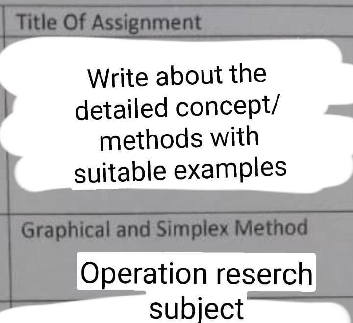 Title Of Assignment
Write about the
detailed concept/
methods with
suitable examples
Graphical and Simplex Method
Operation reserch
subject
