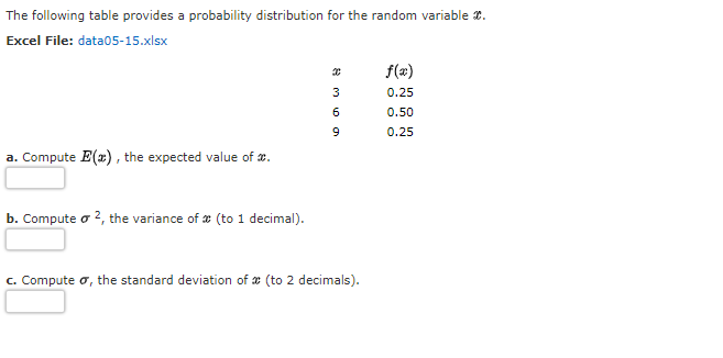 The following table provides a probability distribution for the random variable 2.
Excel File: data05-15.xlsx
f(x)
3
0.25
6
0.50
0.25
a. Compute E(x) , the expected value of æ.
b. Compute o 2, the variance of e (to 1 decimal).
c. Compute o, the standard deviation of x (to 2 decimals).
