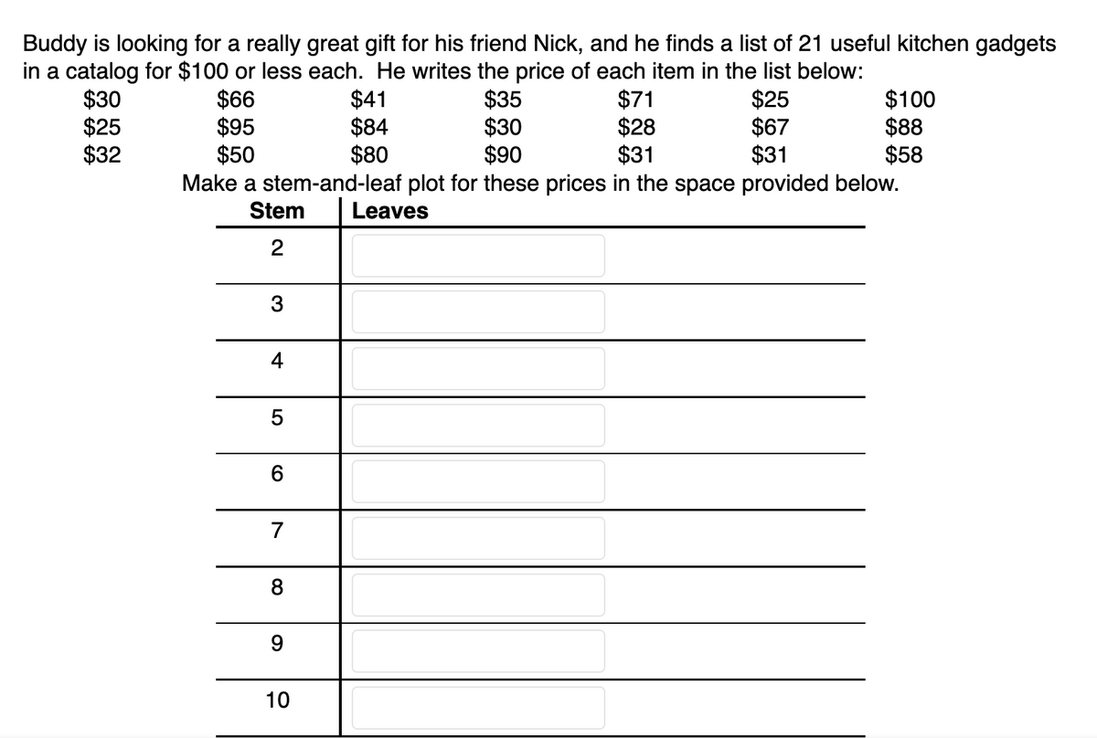 Buddy is looking for a really great gift for his friend Nick, and he finds a list of 21 useful kitchen gadgets
in a catalog for $100 or less each. He writes the price of each item in the list below:
$35
$30
$90
Make a stem-and-leaf plot for these prices in the space provided below.
$30
$25
$32
$66
$95
$50
$41
$84
$80
$71
$28
$31
$25
$67
$31
$100
$88
$58
Stem
Leaves
2
3
4
7
8
9.
10
