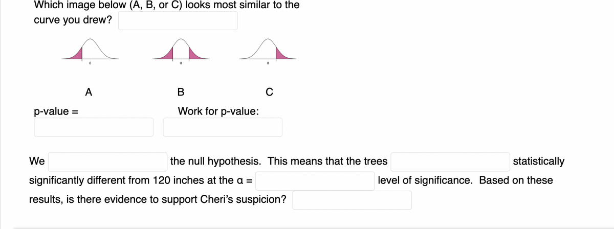 Which image below (A, B, or C) looks most similar to the
curve you drew?
A
B
C
p-value =
Work for p-value:
%3D
We
the null hypothesis. This means that the trees
statistically
significantly different from 120 inches at the a =
level of significance. Based on these
results, is there evidence to support Cheri's suspicion?
