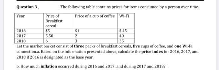 Question 3
The following table contains prices for items consumed by a person over time.
Year
Price of
Price of a cup of coffee Wi-Fi
Breakfast
cereal
2016
$5
$1
$45
2017
5.50
2
40
2018
6
3
35
Let the market basket consist of three packs of breakfast cereals, five cups of coffee, and one Wi-Fi
connection.a. Based on the information presented above, calculate the price index for 2016, 2017, and
2018 if 2016 is designated as the base year.
b. How much inflation occurred during 2016 and 2017, and during 2017 and 2018?