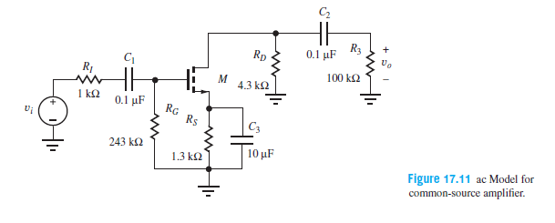 C2
R3
01 μF
Rp
R1
100 k2
4.3 k2
1 kQ
0.1 μF
RG RS
Сз
243 k2
10 μF
1.3 k2
Figure 17.11 ac Model for
common-source amplifier.
