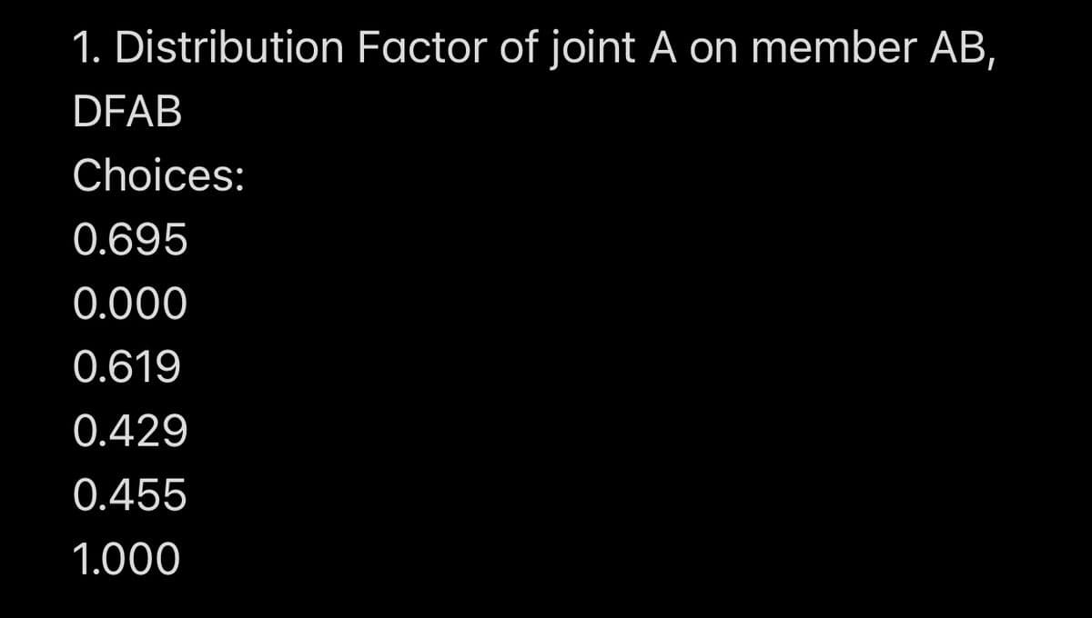 1. Distribution Factor of joint A on member AB,
DFAB
Choices:
0.695
0.000
0.619
0.429
0.455
1.000
