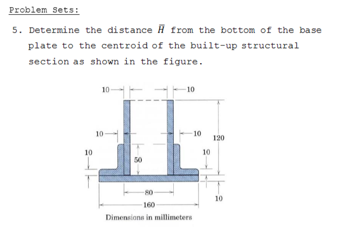 Determine the distance H from the bottom of the base
plate to the centroid of the built-up structural
section as shown in the figure.
10-
-10
10
10
120
10
10
50
80
10
160
Dimensions in millimeters
