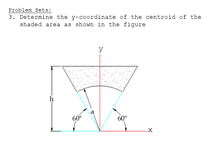 Determine the y-coordinate of the centroid of the
shaded area as shown in the figure
y
60°
60°
