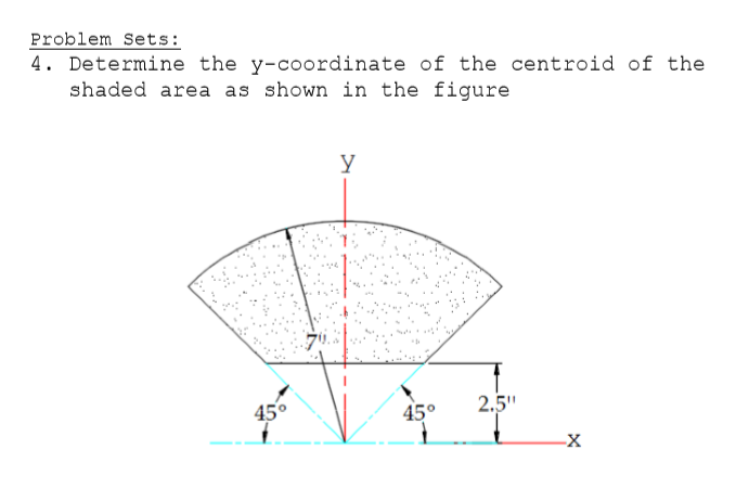 Determine the y-coordinate of the centroid of the
shaded area as shown in the figure
y
45°
45°
2.5"
