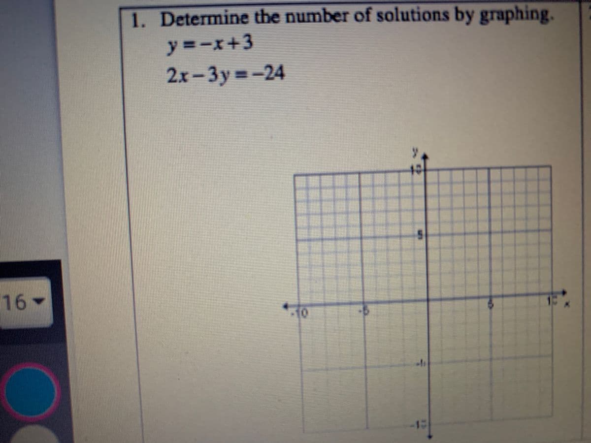 1. Determine the number of solutions by graphing.
y=-x+3
2x-3y -24
%3D
16
12
