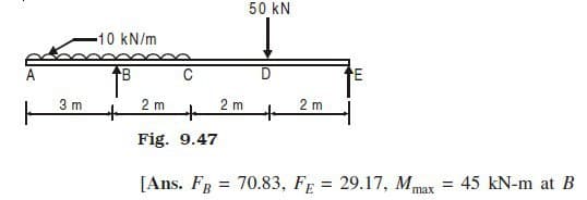 50 kN
-10 kN/m
3 m
2 m
2 m
2 m
Fig. 9.47
[Ans. Fg = 70.83, FE = 29.17, Mmax = 45 kN-m at B
%3!
