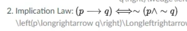 2. Implication Law: (pg) ~ (p^ ~ g)
\left(p\longrightarrow q\right)\Longleftrightarrow