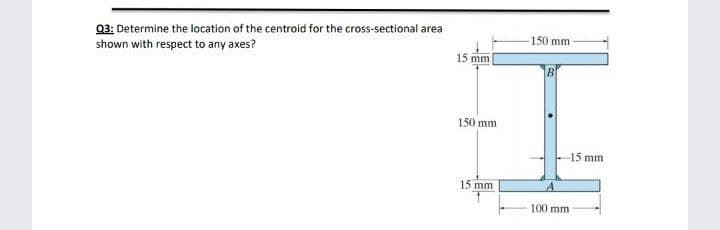 03: Determine the location of the centroid for the cross-sectional area
shown with respect to any axes?
150 mm
15 mm
150 mm
-15 mm
15 mm
100 mm
