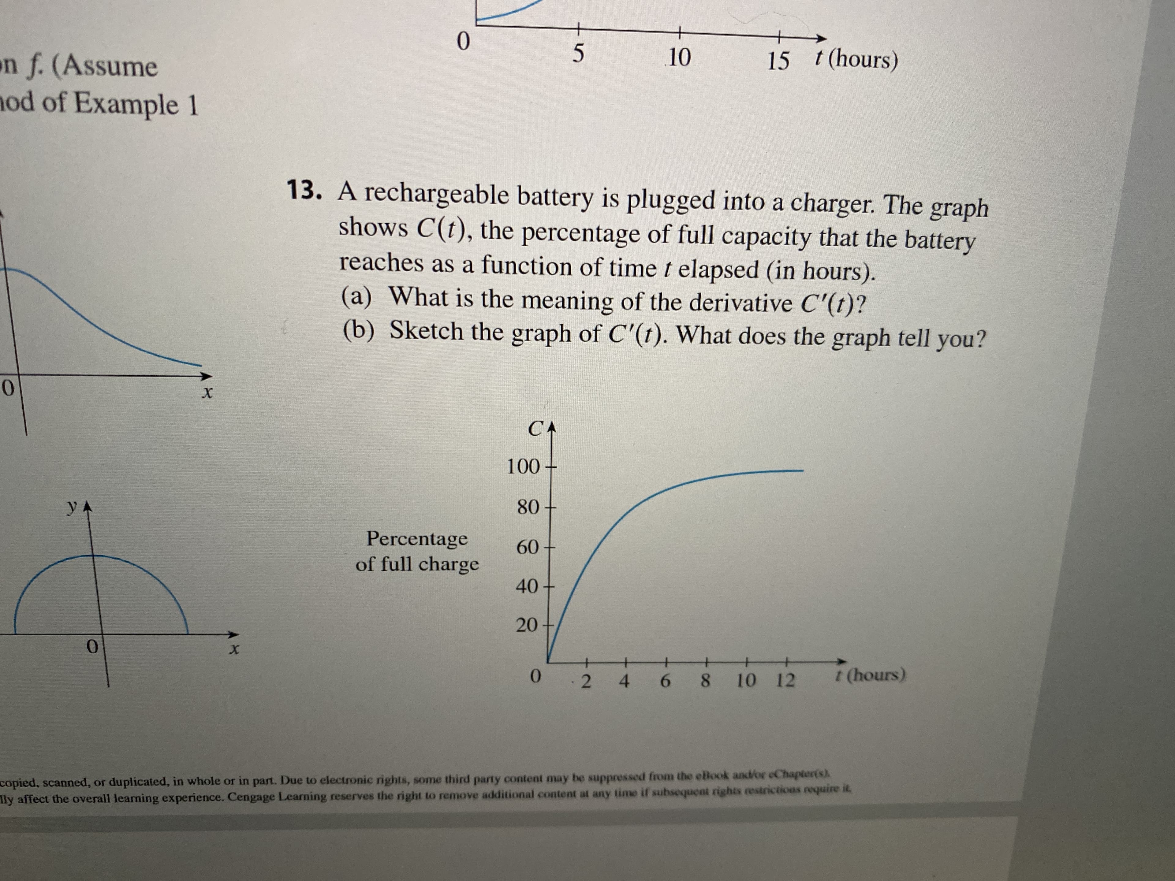 10
15 t(hours)
on f. (Assume
hod of Example 1
13. A rechargeable battery is plugged into a charger. The graph
shows C(t), the percentage of full capacity that the battery
reaches as a function of time t elapsed (in hours).
(a) What is the meaning of the derivative C'(t)?
(b) Sketch the graph of C'(t). What does the graph tell you?
х
CA
100+
80+
Percentage
of full charge
60+
40
20
0.
+
+
t (hours)
0.
8.
4 6
10 12
copied, scanned, or duplicated, in whole or in part. Due to electronic rights, some third party content may be suppressed from the eBook andor oChapter(s)
ly affect the overall learning experience. Cengage Learning reserves the right to remove additional content at any time if subsequent rights restrictions require it.
