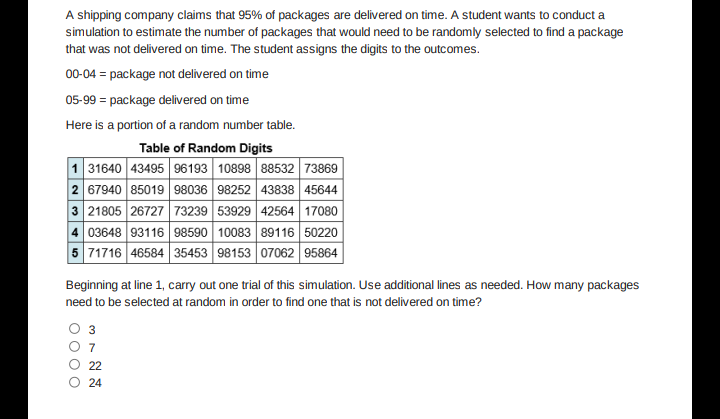 A shipping company claims that 95% of packages are delivered on time. A student wants to conduct a
simulation to estimate the number of packages that would need to be randomly selected to find a package
that was not delivered on time. The student assigns the digits to the outcomes.
00-04 = package not delivered on time
05-99 = package delivered on time
Here is a portion of a random number table.
Table of Random Digits
1 31640 43495 96193 10898 88532 73869
2 67940 85019 98036 98252 43838 45644
3 21805 26727 73239 53929 42564 17080
4 03648 93116 98590 10083 89116 50220
5 71716 46584 35453 98153 07062 95864
Beginning at line 1, carry out one trial of this simulation. Use additional lines as needed. How many packages
need to be selected at random in order to find one that is not delivered on time?
O 3
O 7
22
24
