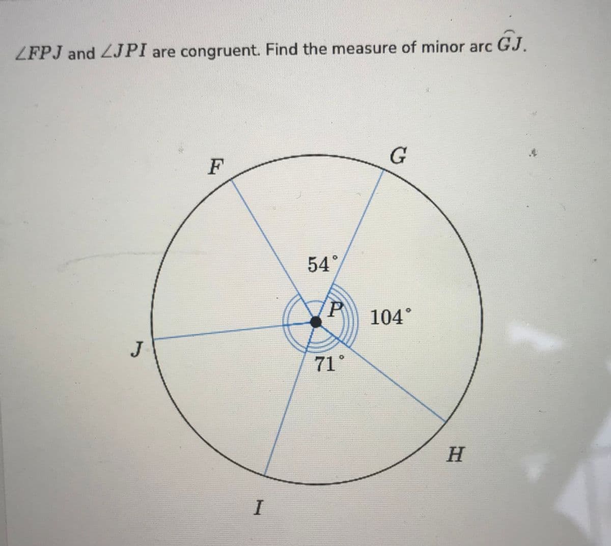 LFPJ and LJPI are congruent. Find the measure of minor arc GJ.
J
F
I
54°
P
71°
G
104°
H
