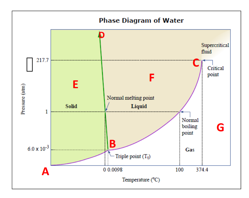 Phase Diagram of Water
Supercritical
fluid
217.7
Critical
point
F
E
Normal melting point
Solid
Liquid
1
Normal
boiling
point
G
B
6.0 x 10-3
Gas
- Triple point (T;)
A
0 0.0098
100
374.4
Temperature (°C)
Pressure (atm)
