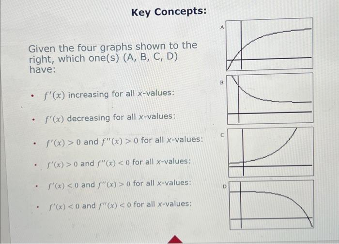 Key Concepts:
Given the four graphs shown to the
right, which one(s) (A, B, C, D)
have:
.
f'(x) increasing for all x-values:
• f'(x) decreasing for all x-values:
•
f'(x) > 0 and f"(x) > 0 for all x-values:
•
f'(x) > 0 and f"(x) < 0 for all x-values:
•
f'(x) <0 and f"(x) > 0 for all x-values:
•
f'(x) < 0 and /"(x) < 0 for all x-values:
B