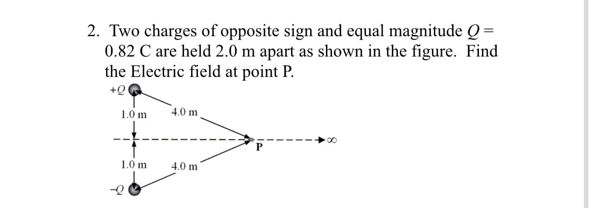 2. Two charges of opposite sign and equal magnitude Q =
0.82 C are held 2.0 m apart as shown in the figure. Find
the Electric field at point P.
+Q
1.0 m
4.0 m
1.0 m
4.0 m
