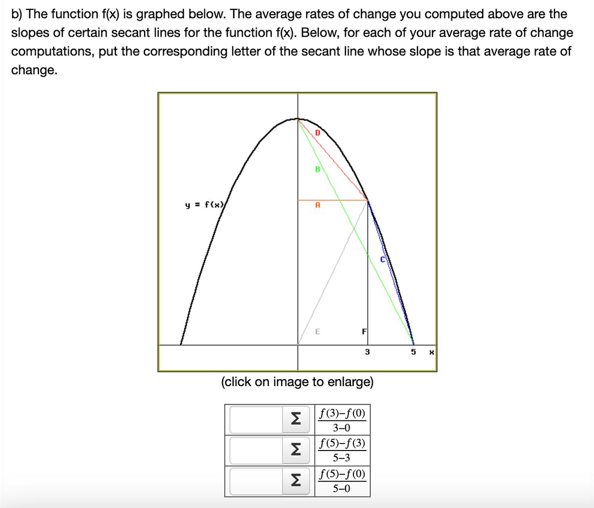 b) The function f(x) is graphed below. The average rates of change you computed above are the
slopes of certain secant lines for the function f(x). Below, for each of your average rate of change
computations, put the corresponding letter of the secant line whose slope is that average rate of
change.
y = f(x)
M M
D
M
A
E
(click on image to enlarge)
3
ƒ(3)-f(0)
3-0
ƒ(5)—ƒ(3)
5-3
ƒ(5)-f(0)
5-0
5
X