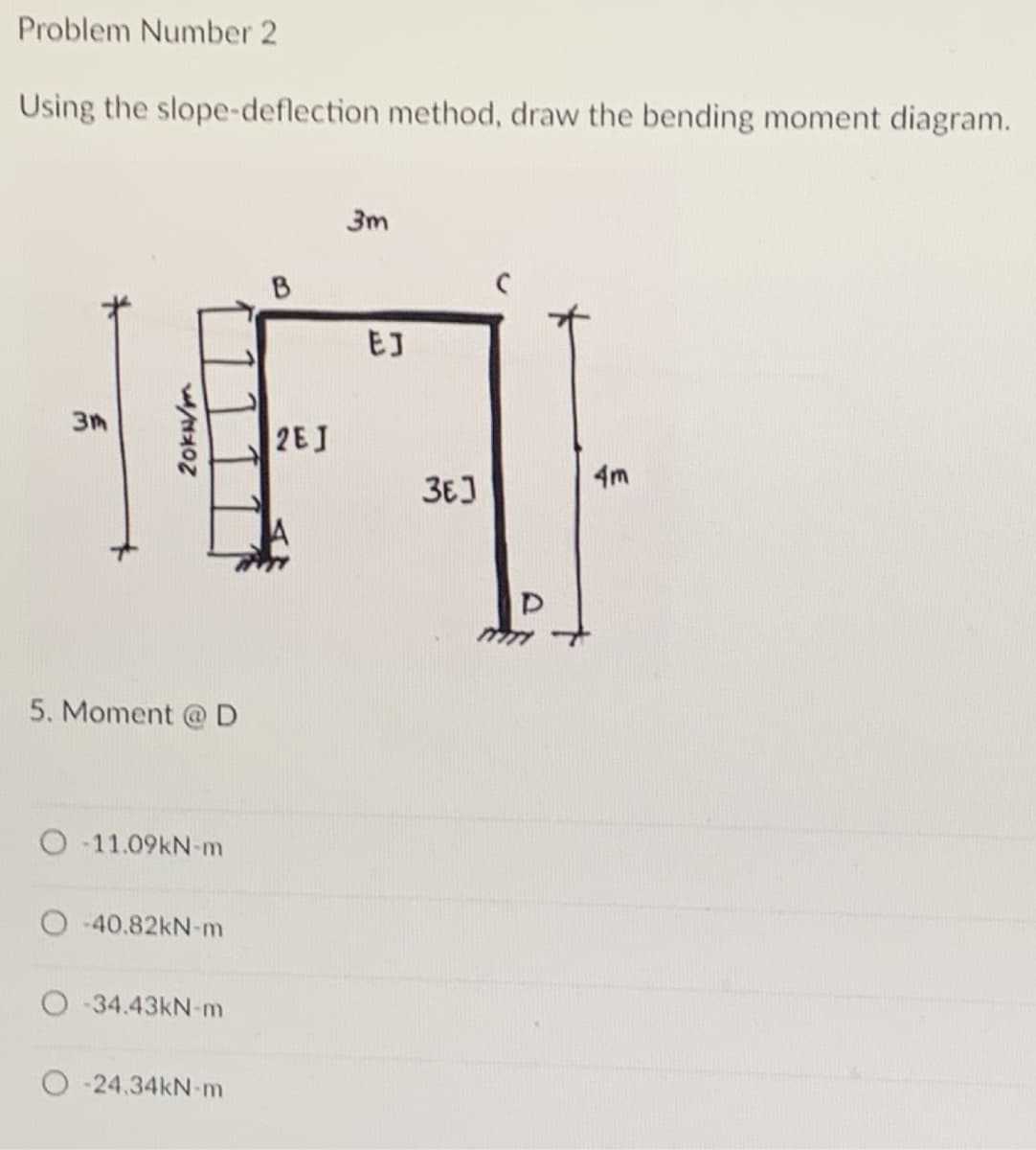 Problem Number 2
Using the slope-deflection method, draw the bending moment diagram.
3m
B
3m
4m
5. Moment @ D
O-11.09kN-m
-40.82kN-m
-34.43kN-m
-24.34kN-m
20kN/m
2EJ
EJ
36]