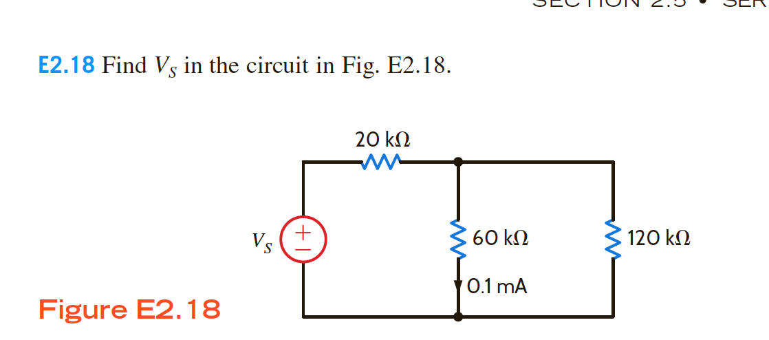 Find Vs in the circuit in Fig. E2.18.
20 kN
+
Vs
60 kN
120 kN
0.1 mA
re E2.18
