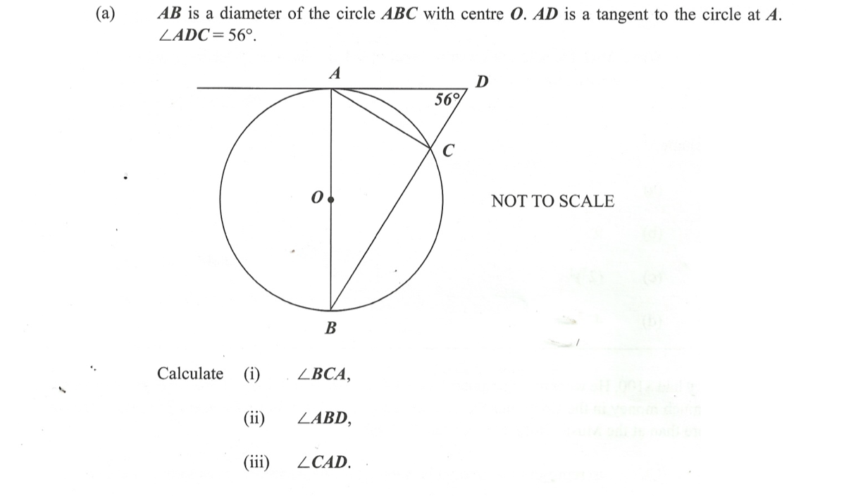 AB is a diameter of the circle ABC with centre O. AD is a tangent to the circle at A.
ZADC=56°.
A
D
56%
NOT TO SCALE
В
Calculate (i)
ZBCA,
(ii)
ZABD,
(iii)
ZCAD.
