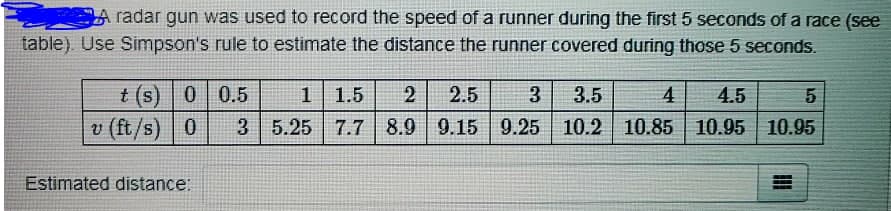 A radar gun was used to record the speed of a runner during the first 5 seconds ofa race (see
table). Use Simpson's rule to estimate the distance the runner covered during those 5 seconds.
t (s) 0 0.5
v (ft/s) 0
1.5
2
2.5
3
3.5
4
4.5
3 5.25 7.7 8.9 9.15 9.25 10.2 10.85
10.95 10.95
Estimated distance:
