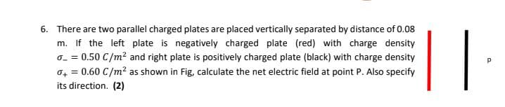 6. There are two parallel charged plates are placed vertically separated by distance of 0.08
||
m. If the left plate is negatively charged plate (red) with charge density
0- = 0.50 C/m? and right plate is positively charged plate (black) with charge density
o, = 0.60 C/m? as shown in Fig, calculate the net electric field at point P. Also specify
its direction. (2)
