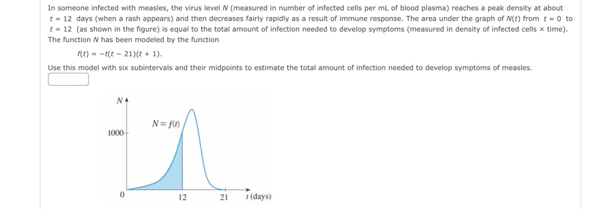 In someone infected with measles, the virus level N (measured in number of infected cells per mL of blood plasma) reaches a peak density at about
t = 12 days (when a rash appears) and then decreases fairly rapidly as a result of immune response. The area under the graph of N(t) from t = 0 to
t = 12 (as shown in the figure) is equal to the total amount of infection needed to develop symptoms (measured in density of infected cells x time).
The function N has been modeled by the function
f(t) = -t(t – 21)(t + 1).
Use this model with six subintervals and their midpoints to estimate the total amount of infection needed to develop symptoms of measles.
NA
N= f(t)
1000-
12
21
t (days)
