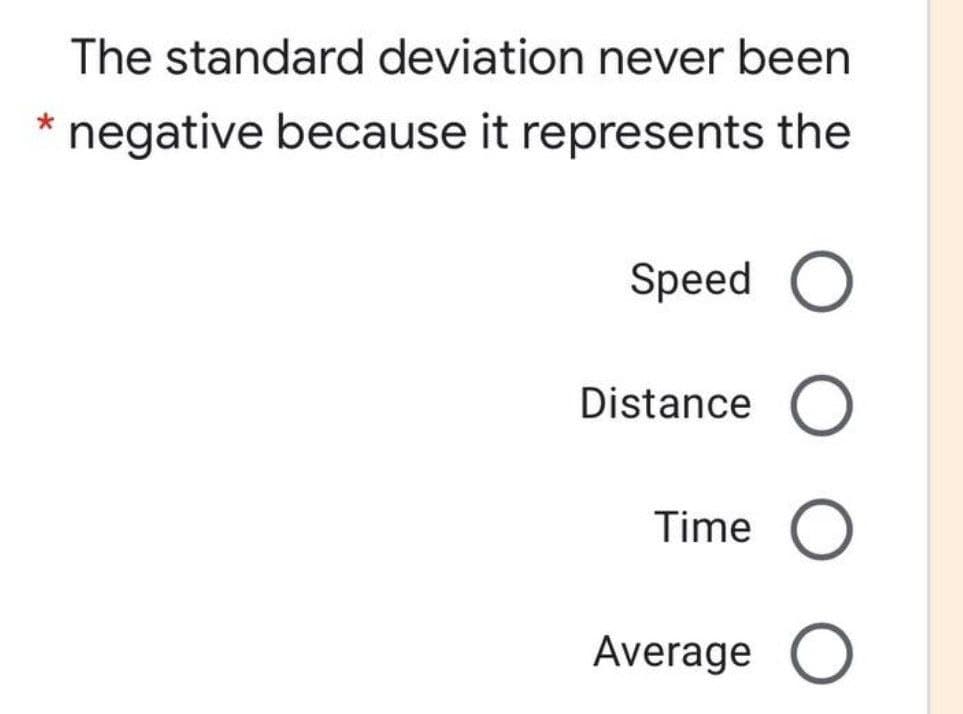 The standard deviation never been
negative because it represents the
Speed
Distance
Time
Average O
